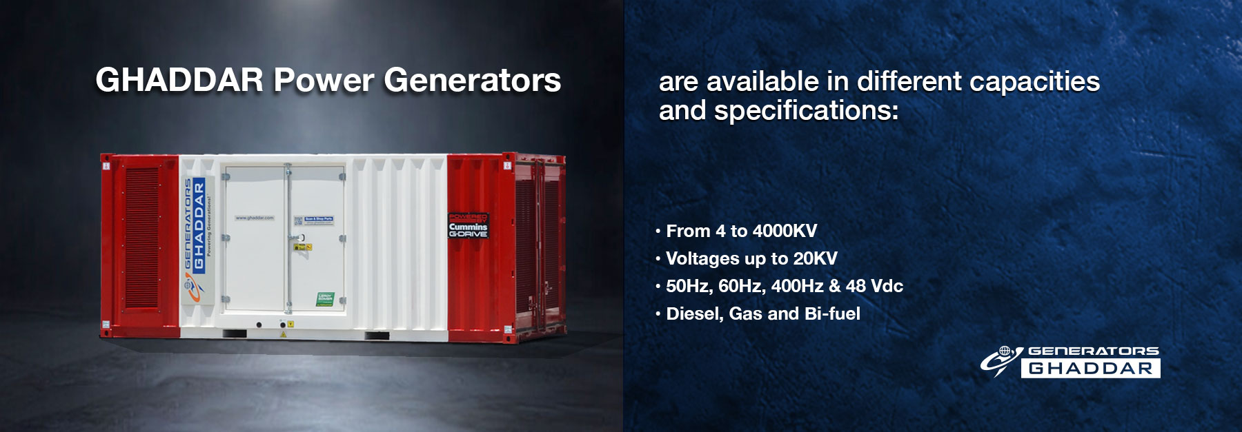 Promotional banner showing a GHADDAR generator container on the left and a blue panel with specs on the right, plus the GHADDAR logo.