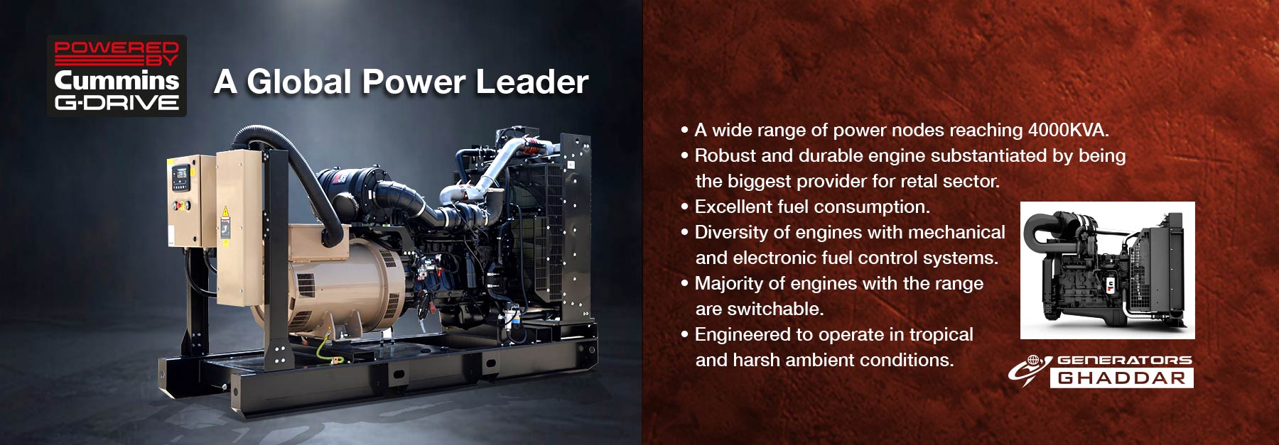 Promotional banner: Cummins G‑Drive engine on the left with the headline 'A Global Power Leader' and a red textured right panel with bullet specs and a small generator image with the Generators Ghaddar logo.