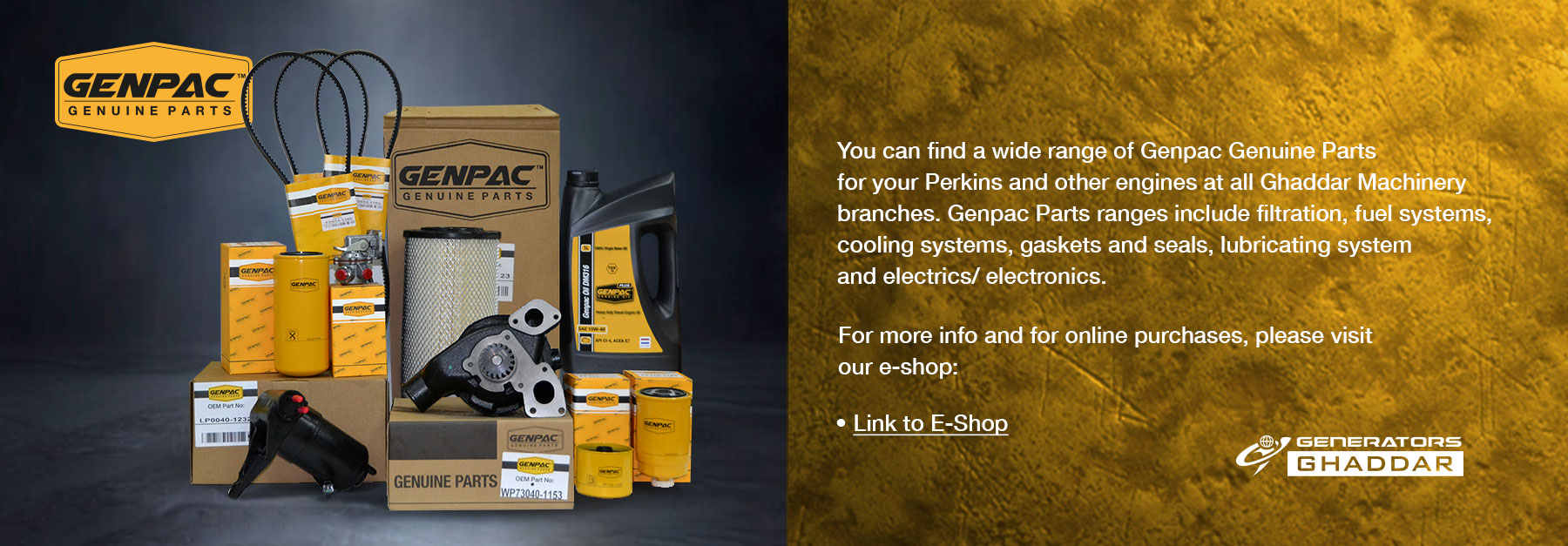 A display of Genpac genuine parts and packaging on the left, with a gold textured panel and promotional text about the e-shop on the right.