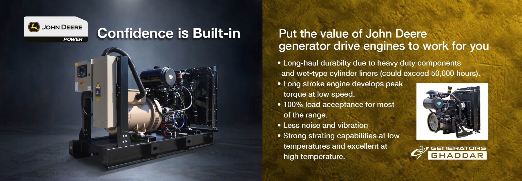 Industrial generator sits on a dark floor on the left with a John Deere logo above and the headline 'Confidence is Built-in'; the right side has gold textured background with bullet points about John Deere generator engines and a small engine image with a Generators Ghaddar logo.
