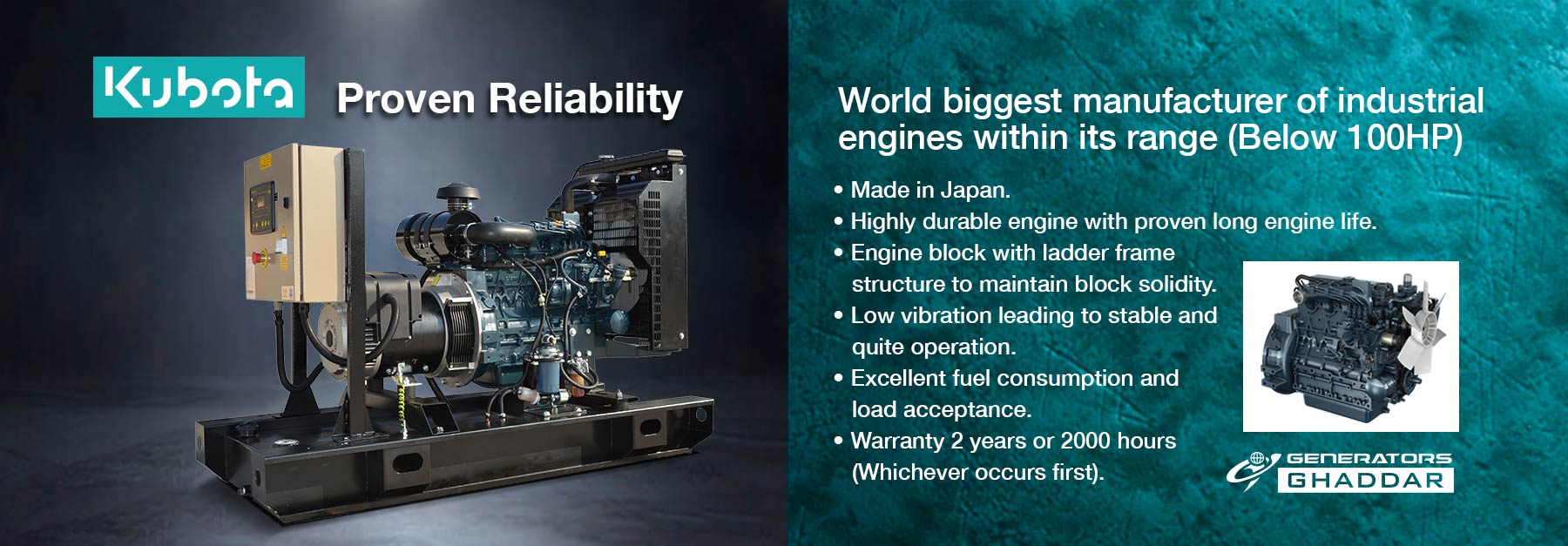 Split banner: left shows a Kubota diesel generator with 'Proven Reliability'; right panel lists industrial engine features on a teal textured background with a small engine image and the Generators Ghaddar logo.