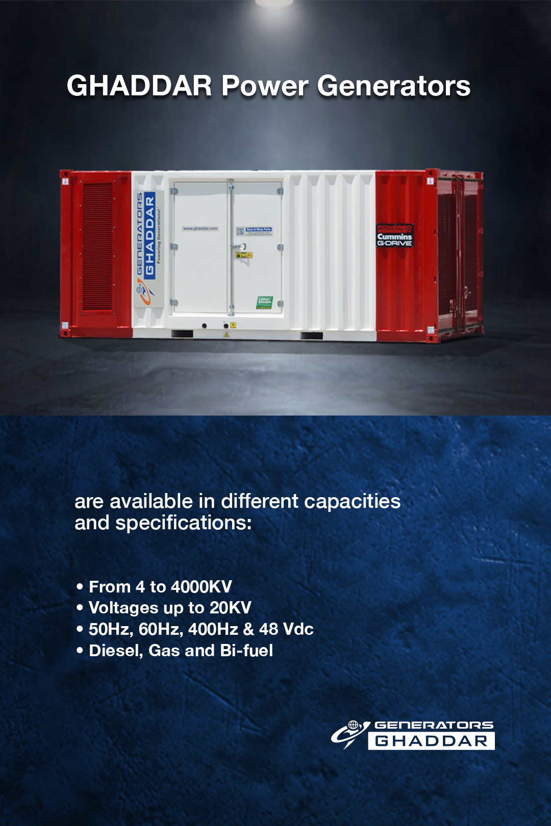 Power generator container with white and red panels on a dark stage; headline reads 'GHADDAR Power Generators' above a blue textured background showing specs below.