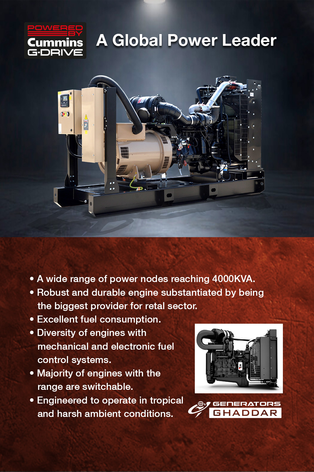 Industrial generator on a sturdy frame with 'A Global Power Leader' headline and branding in the upper left, set against a dark backdrop. The lower half shows a red textured panel with bullet-point features and a small inset engine image with a Ghaddar logo.