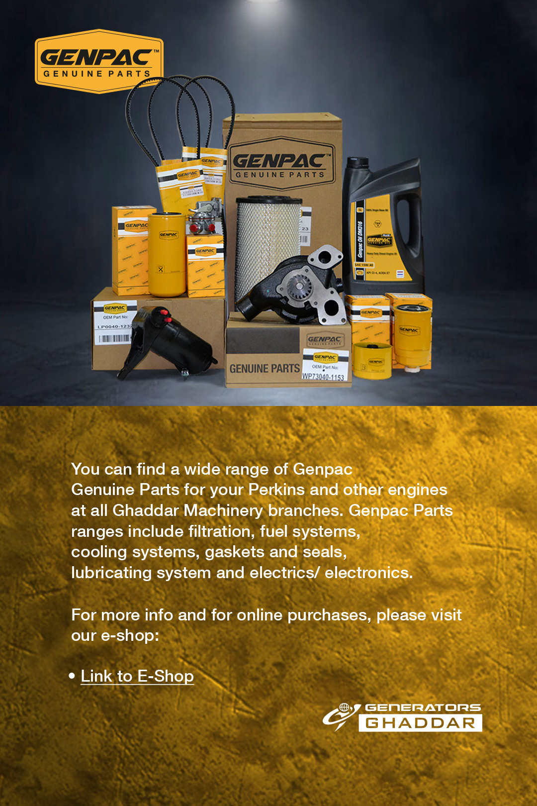 Genpac genuine parts display with belts, filters, and boxes on a dark studio backdrop and Ghaddar Machinery branding.