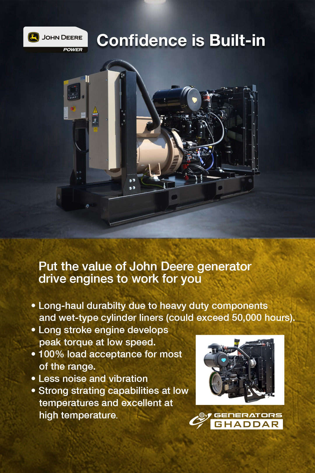Diesel generator on a black frame with John Deere logo and the slogan 'Confidence Is Built-in' against a dark background; lower gold section lists benefits.